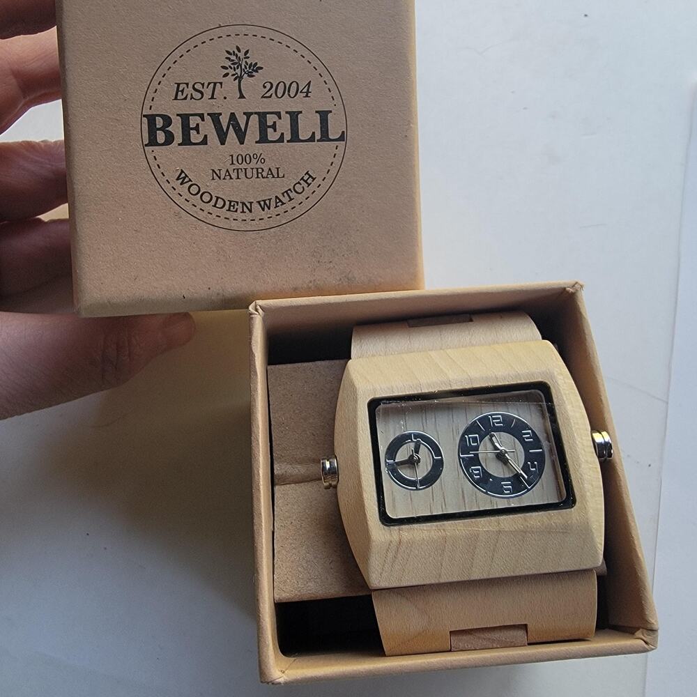 Bewell Mens Watch Beige Dial Natural Wood Bracelet Dual Time Tonneau Analog
